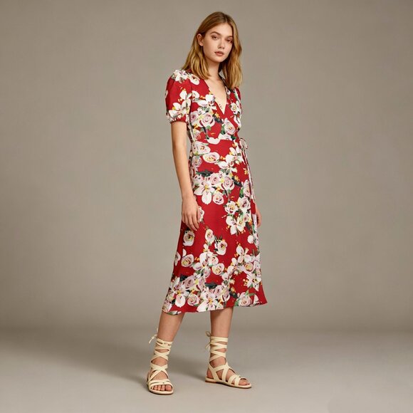 NWT Anthropologie Rosalia Red floral Wrap Midi Dress Size 6 - Picture 1 of 12